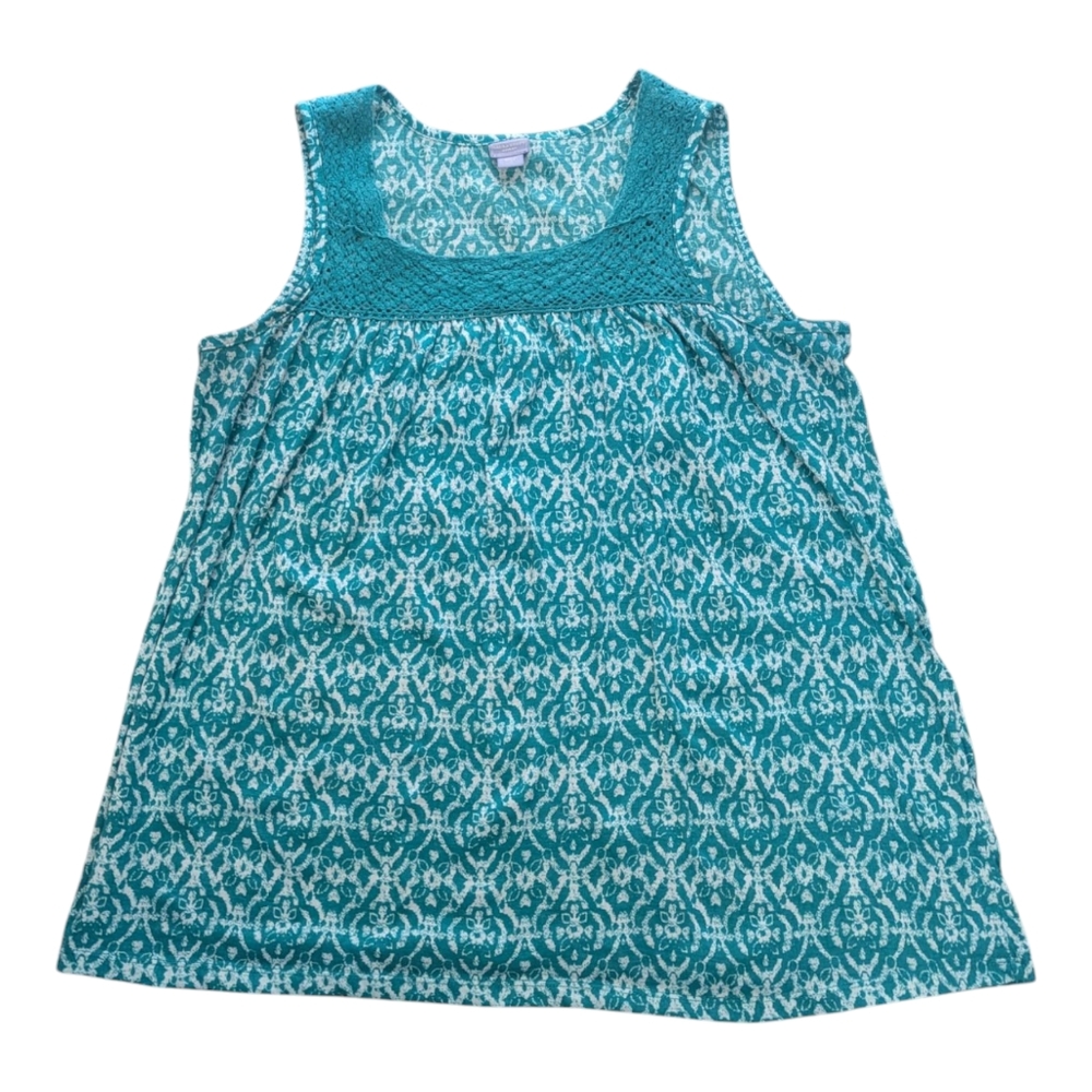 Laura Scott Green Ikat Like Print Crocheted Neckline Tank Top Women's 1X